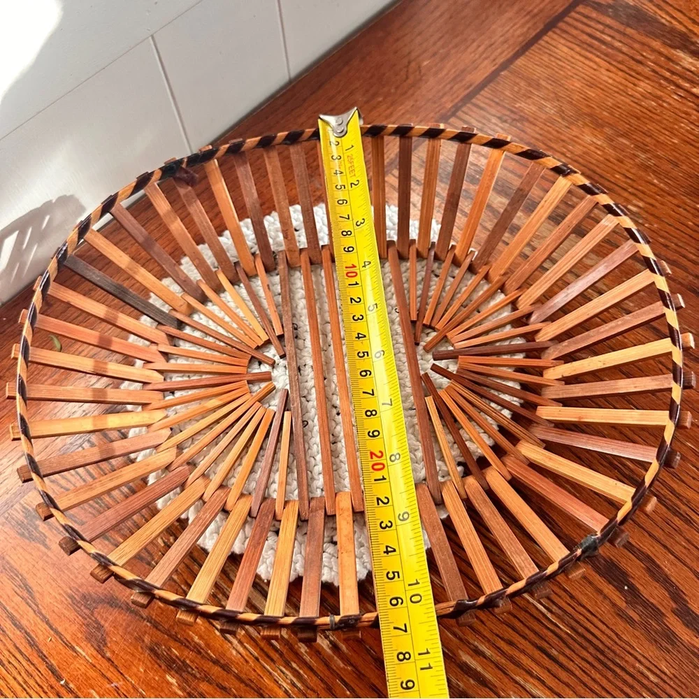Vintage MCM bamboo wood slat basket oval shape